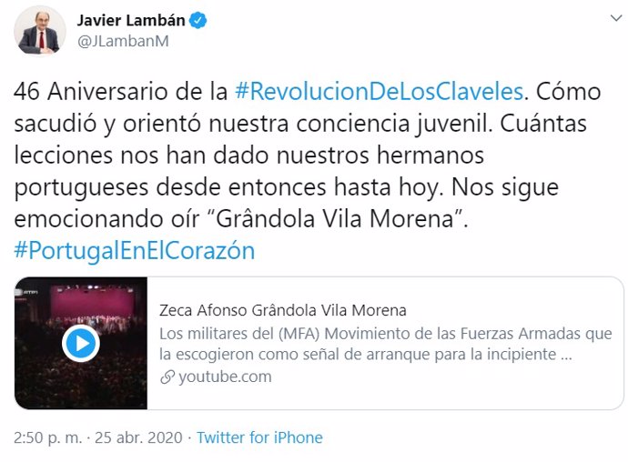 Tuit del presidente de Aragón, Javier Lambán