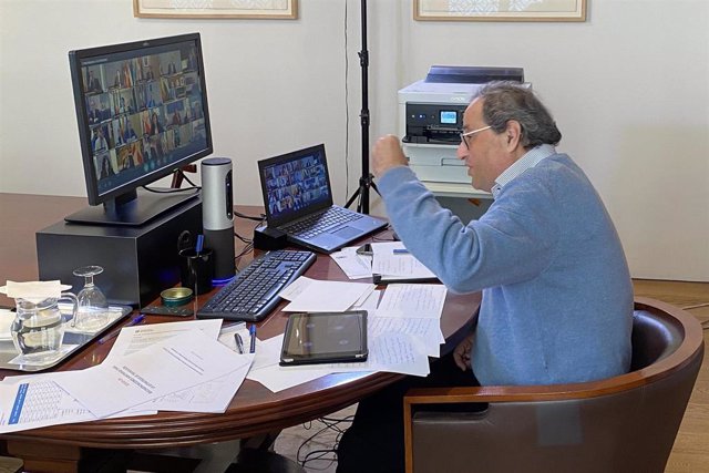 El presidente de la Generalitat, Quim Torra, interviene en la séptima reunión telemática de presidentes autonómicos con el presidente del Gobierno, Pedro Sánchez, sobre la gestión de la pandemia de coronavirus.