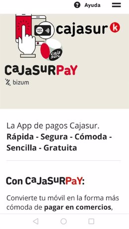 Acceso en un móvil a Cajasur Pay con el servicio Bizum.