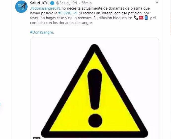Tuit del perfil de Sanidad de Castilla y León en el que se desmiente que el Chemcyl necesite plasma de personas que hayan pasado COVID-19.