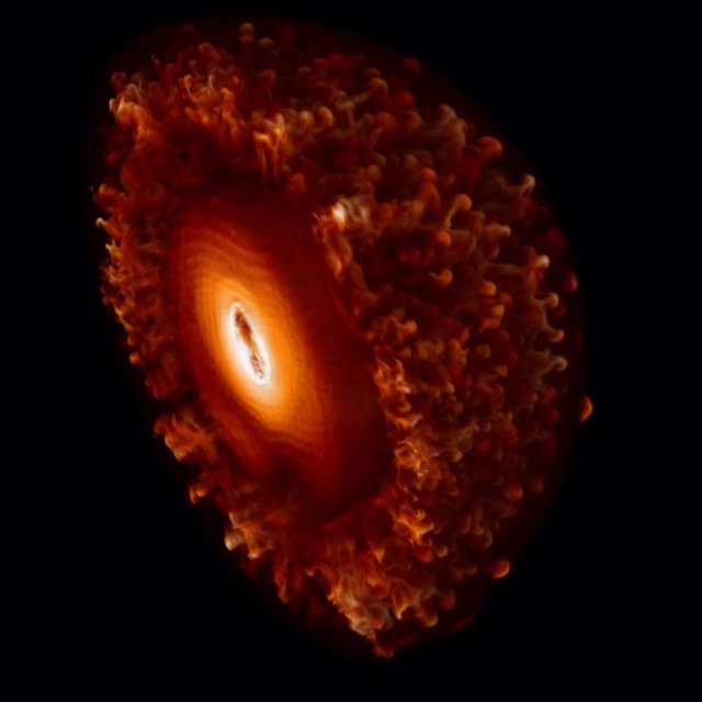 Momento en que la simulación muestra la fase nebulosa de una supernova superluminosa impulsada por un magnetar