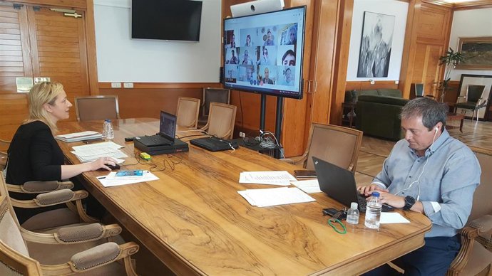 Reunión telemática de Marta Gastón y Luis Lanapas con los nueve clústers aragoneses.