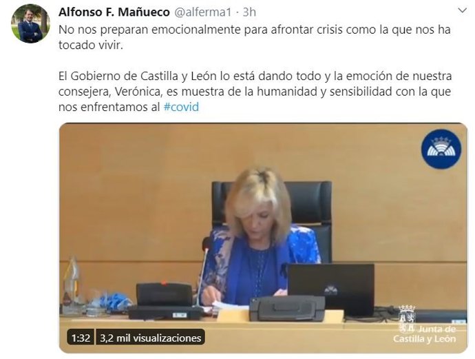 Tuit del presidente de la Junta de Castilla y León, Alfonso Fernández Mañueco, sobre la intervención de la consejera.