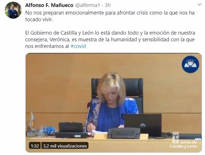 Tuit del presidente de la Junta de Castilla y León, Alfonso Fernández Mañueco, sobre la intervención de la consejera.