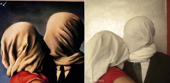 Una pareja recrea la obra 'Los amantes', de René Magritte