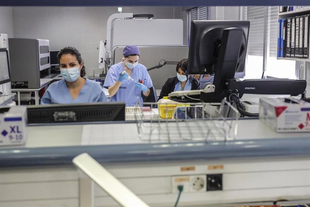 Personal sanitario trabaja en el laboratorio de Covid-19 en el Hospital Arnau de Vilanova donde hay pacientes infectados con el virus, en Valencia, Comunidad Valenciana, (España), a 24 de abril de 2020.