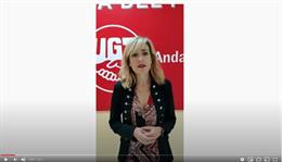 Imagen del vídeo de la secretaria general de UGT Andalucía, Carmen Castilla, ante el Día Internacional de la Seguridad y Salud en el Trabajo. 