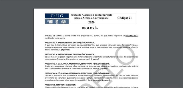 Modelo de examen de Biología para la selectividad de 2020