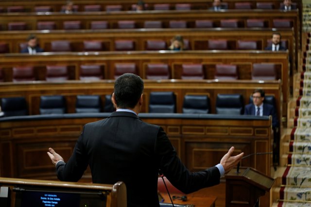 El presidente del Gobierno, Pedro Sánchez (c), interviene en una sesión de control al Gobierno en el Congreso de los Diputados, este miércoles, en Madrid (España), a 29 de abril de 2020.