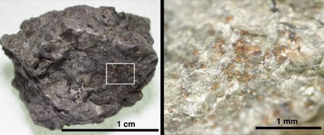  Fragmento del meteorito marciano ALH 84001 y área aumentada donde se muestran granos carbonatados de color naranja