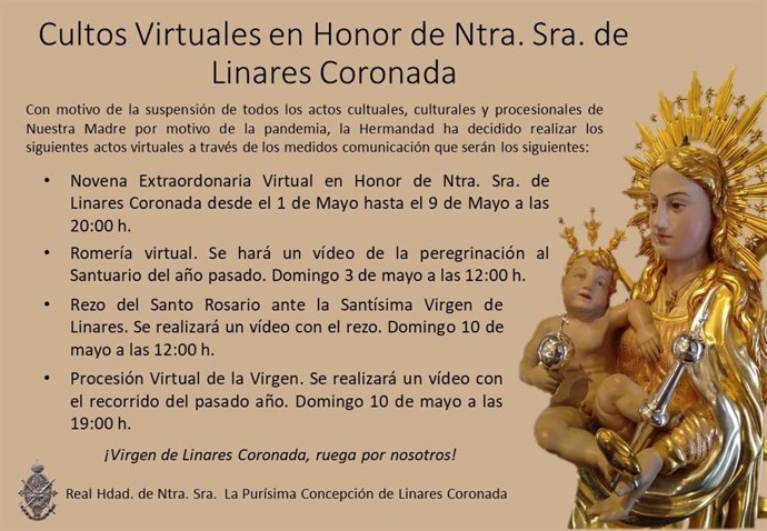 Cartel con los cultos virtuales organizados por la Hermandad de Nuestra Señora de Linares Coronada de Córdoba