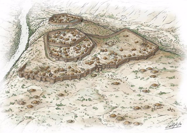 Ilustración del poblado de Los Millares, la primera ciudad de la Península Ibérica (Autor: Iñaki Dieguez Uribeondo)