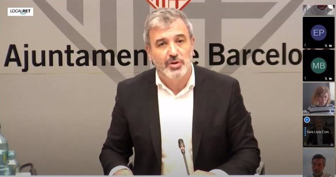 El primer teniente de alcalde de Barcelona, Jaume Collboni, en el pleno telemático mes de abril del Ayuntamiento