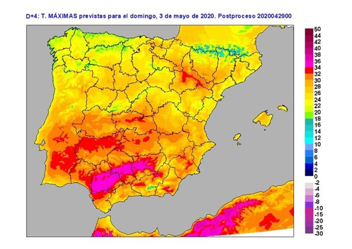 Mapa facilitado por la Amet sobre la previsión de temperaturas en CyL desde el domingo