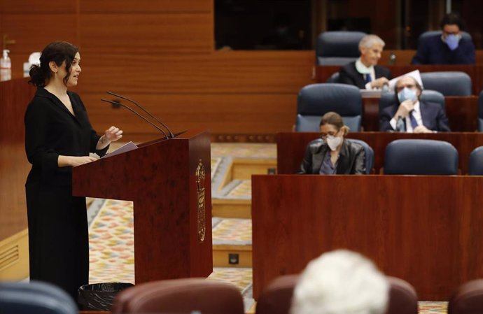 La presidenta regional, Isabel Díaz Ayuso, durante su intervención ante el pleno de este miércoles de la Asamblea de Madrid
