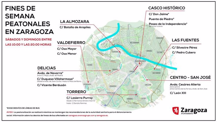 Mapa de las ocho grandes zonas peatonales de Zaragoza para los  paseos en confinamiento