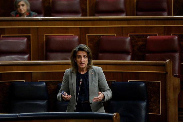 La vicepresidenta cuarta del gobierno y ministra para la Transición Ecológica, Teresa Ribera, durante su intervención en la sesión de control al Ejecutivo celebrada este miércoles, después de que el Consejo de Ministros aprobara este martes el llamado "Pl
