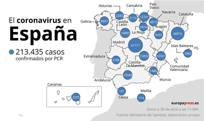 Mapa con casos de coronavirus en España a 30 de abril a las 11:00