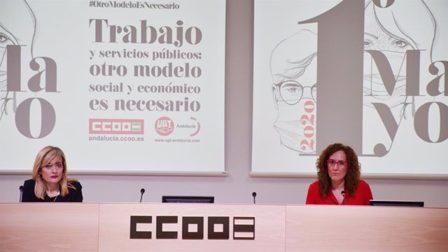 Las secretarias generales de CCOO-A y UGT-A, Nuria López y Carmen Castilla, respectivamente, en rueda de prensa.