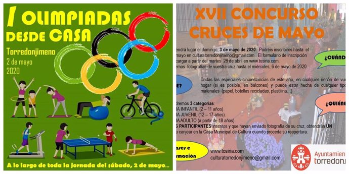 Carteles de las actividades 'I Olimpiadas desde casa' y 'XVII Concurso Cruces de Mayo' del Ayuntamiento de Torredonjimeno