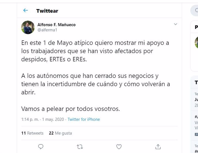Caprtura del mensaje que Fernández Mañueco ha compartido en Twitter con motivo del Primero de Mayo.