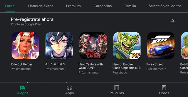 Apartado de registro previo en Play store 