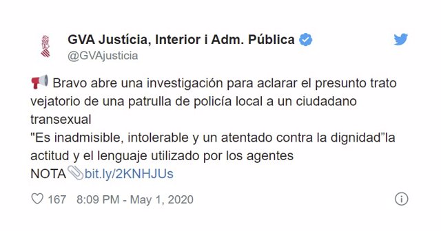 Tuit de la Generalitat sobre los insultos de policías a una persona transexual
