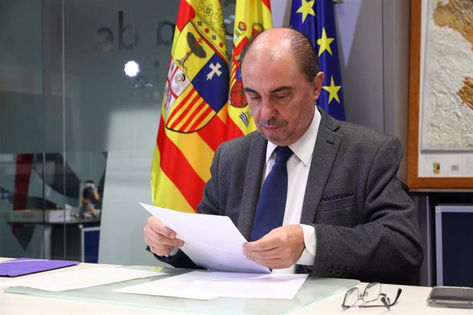 El presidente de Aragón, Javier Lambán, en la octava videoconferencia de dirigentes autonómicos