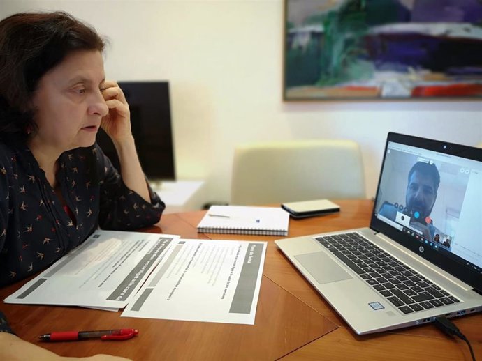 La consellera Fina Santiago, reunida por videoconferencia, con el director del IMAS, Javier de Juan.