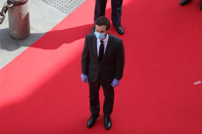 El líder del PP, Pablo Casado, asiste al acto de celebración de la fiesta de la Comunidad de Madrid, este sábado 2 de mayo, 
