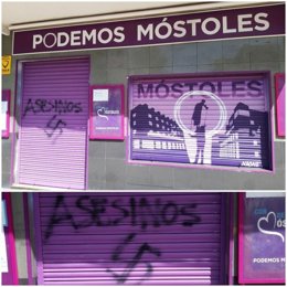Imagen de la pintada con la palabra 'Asesinos' y una esvástica en la sede de Podemos Móstoles.