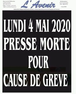 Portada del diario 'L'Avenir' este lunes por la huelga en protesta por el acoso y el bloqueo del Gobierno de Camerún durante la crisis del coronavirus