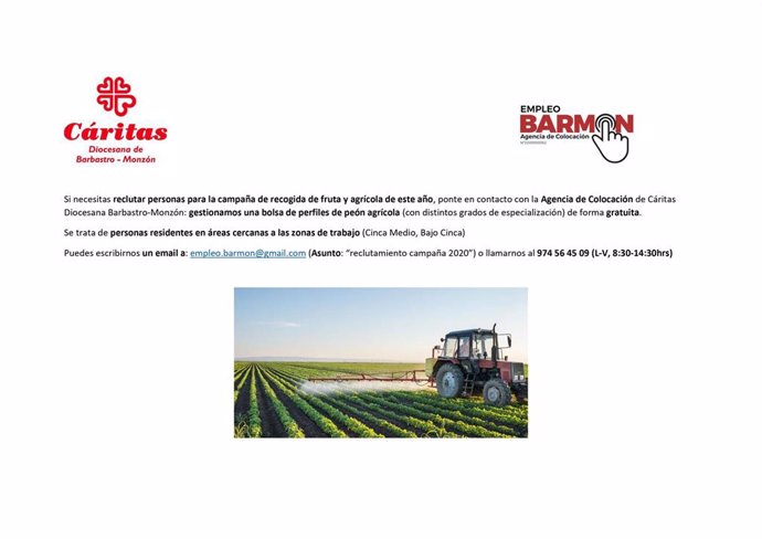 Cáritas Diocesana Barbastro-Monzón y los servicios sociales de base crean una bolsa de empleo para la campaña agrícola.