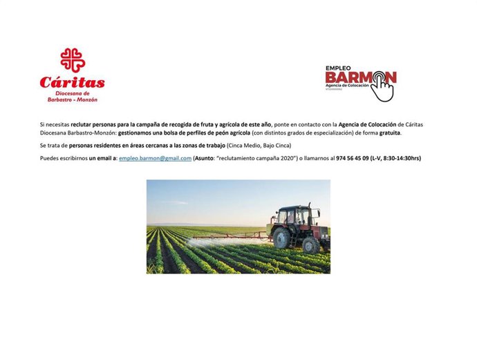 Cáritas Diocesana Barbastro-Monzón y los servicios sociales de base crean una bolsa de empleo para la campaña agrícola.