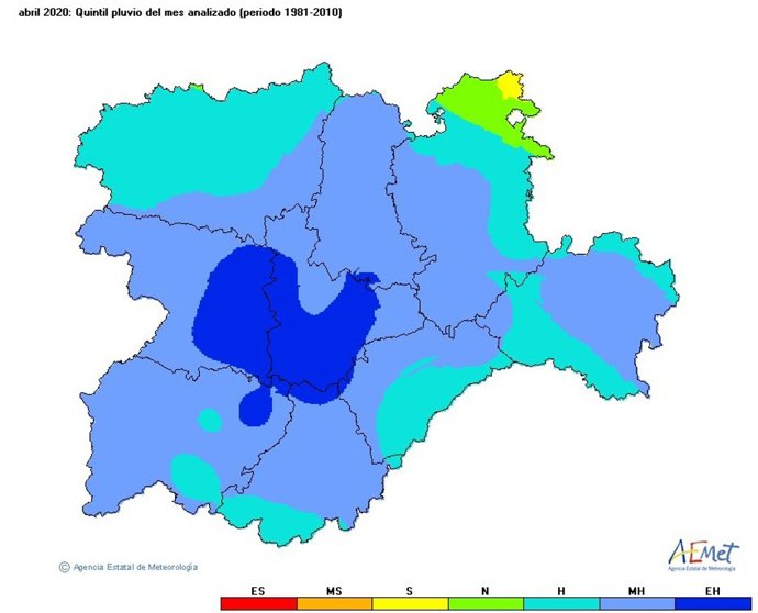 Mapa facilitado por la Aemet sobre la evolución de las precipitaciones en abril de 2020 en CyL