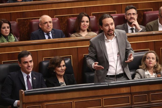 El vicepresidente segundo y ministro de Derechos Sociales y Agenda 2030; Pablo Iglesias, responde a la pregunta del secretario general del PP, Teodoro García Egea, en el Congreso. En Madrid (España), a 12 de febrero de 2020.