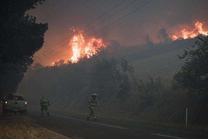 Bomberos intentando extinguir un foco de fuego en Pelham Road, en el sur de Tasmania, el pasado 30 de diciembre de 2019