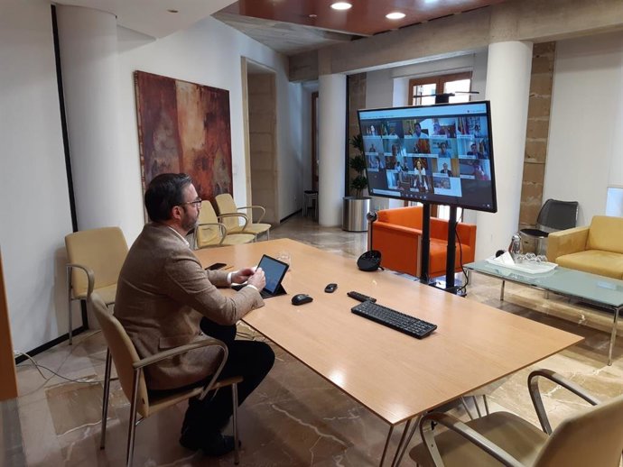 El alcalde de Palma, José Hila, durante la reunión telemática.