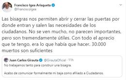 Tuit de Igea respondiendo a Girauta y apoyando la decisión de Arrimadas.