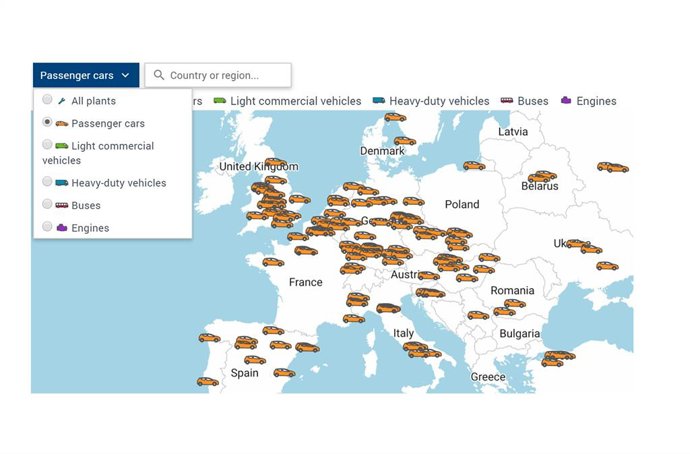 Mapa de fábricas de vehículos en Europa.