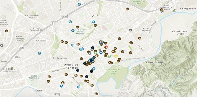 Mapa habilitado por el Ayuntamiento de Alcalá de Henares para que los vecinos tengan geolocalizados los servicios abiertos.