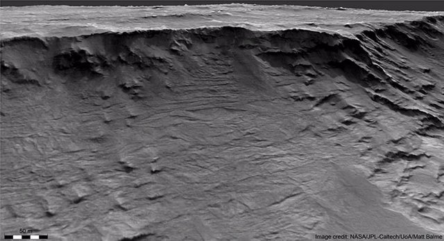 Imagen de satélite del acantilado de Marte con rocas sedimentarias formadas por agua en movimiento