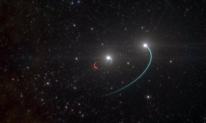 Impresión artística del sistema triple donde se ubica el agujero negro más cercano a la Tierra
