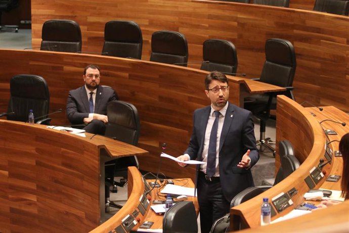 El consejero de Industria, Empleo y Promoción Económica, Enrique Fernández, durante el pleno semipresencial de la Junta General.