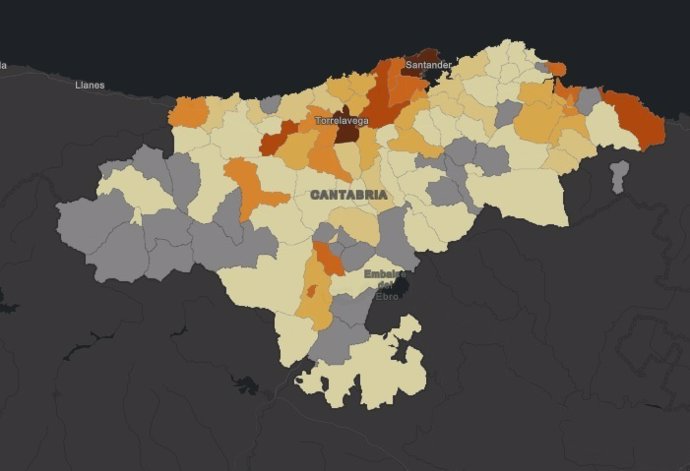 Mapa de Cantabria por casos de COVID-19 por municipios