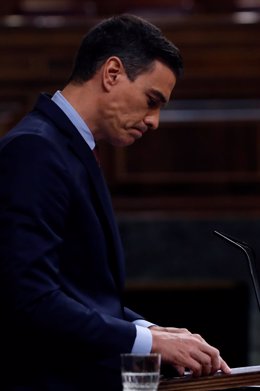 El presidente del Gobierno, Pedro Sánchez, durante el pleno del Congreso este miércoles donde se autorizará otra prórroga del estado de alarma solicitada por el Gobierno. En Madrid, (España), a 6 de mayo de 2020.