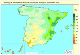 Distribución de las lluvias acumuladas en España desde que comenzó el año hidrológico, el 1 de octubre de 2019, hasta el 5 de mayo de 2020.