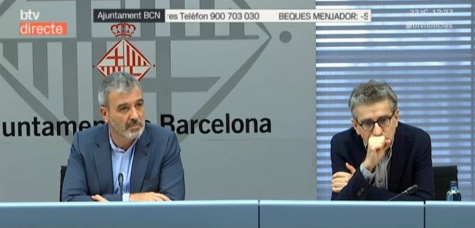 El primer teniente de alcalde de Barcelona, Jaume Collboni, y el concejal de Presidencia y Presupuestos, Jordi Martí, en rueda de prensa telemática