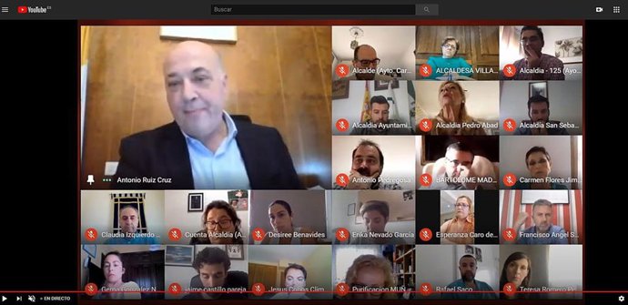 El presidente de la Diputación de Córdoba, Antonio Ruiz (arriba a la izda.), en el Consejo de Alcaldes y Alcaldesas de la provincia celebrado de forma telemática