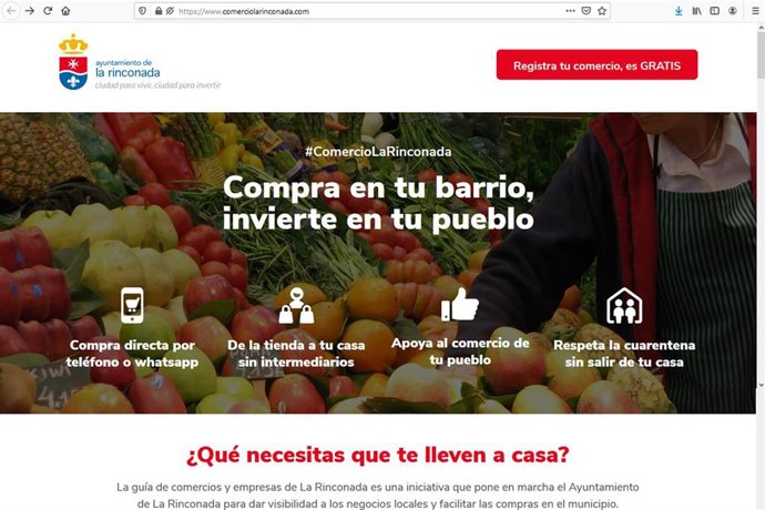 Página web creada por el Consistorio de La Rinconada para impulsar la digitalización del comercio local.